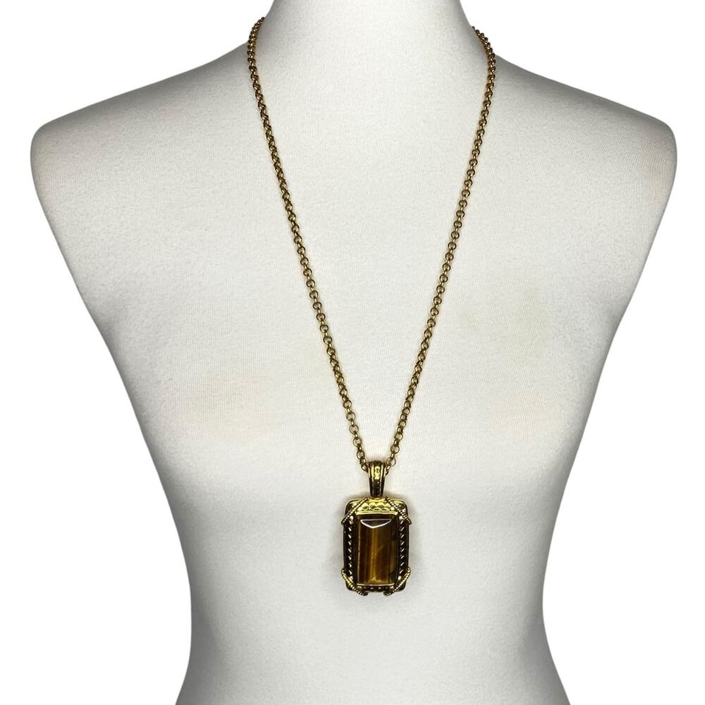 Joan Rivers Tiger Eye Pendant Necklace Goldtone Rectangle Vintage Boho Statement